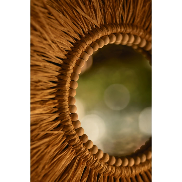 El Yapımı Ahşap Boncuklu Rafya Duvar Aynası