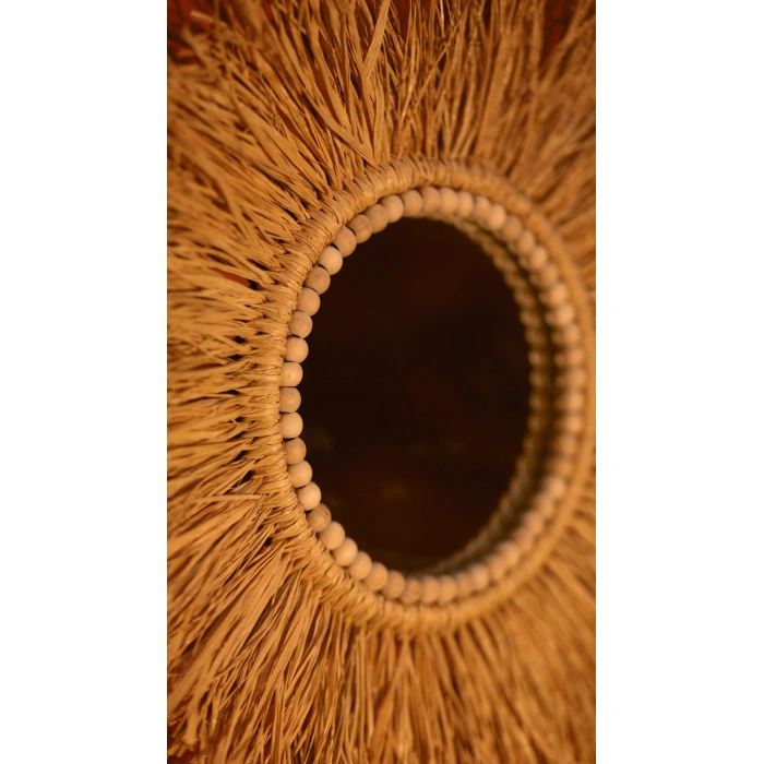 El Yapımı Ahşap Boncuklu Rafya Duvar Aynası
