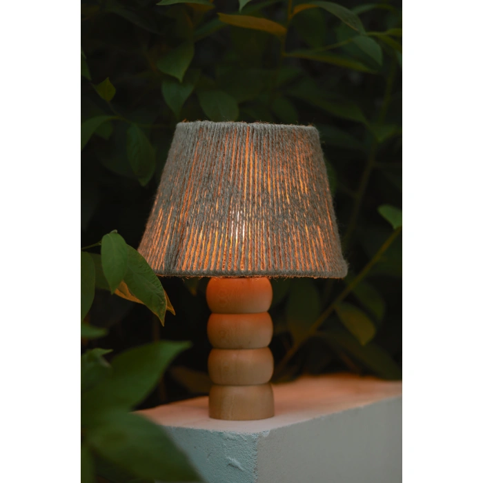 Jüt Abajur - El Yapımı Doğal Ahşap Ayaklı Bohem Hasır Jüt Abajur (Kablolu)