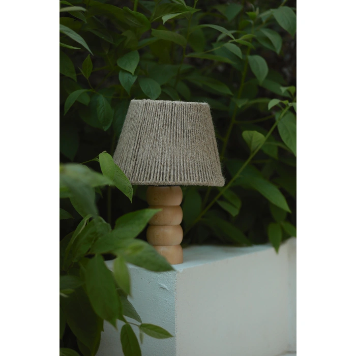 Jüt Abajur - El Yapımı Doğal Ahşap Ayaklı Bohem Hasır Jüt Abajur (Kablolu)