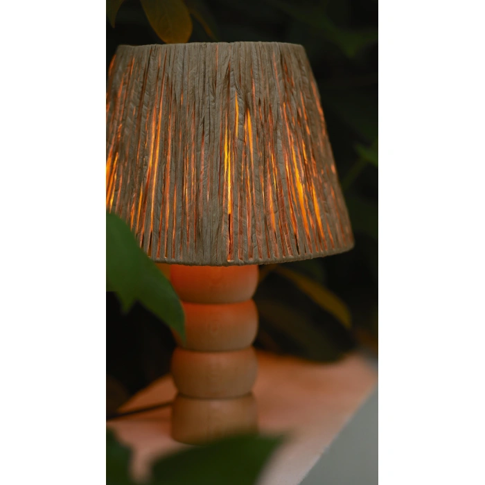 Kağıt Rafya Abajur - El Yapımı Doğal Ahşap Ayaklı Bohem Kağıt Rafya Abajur (Kablolu)