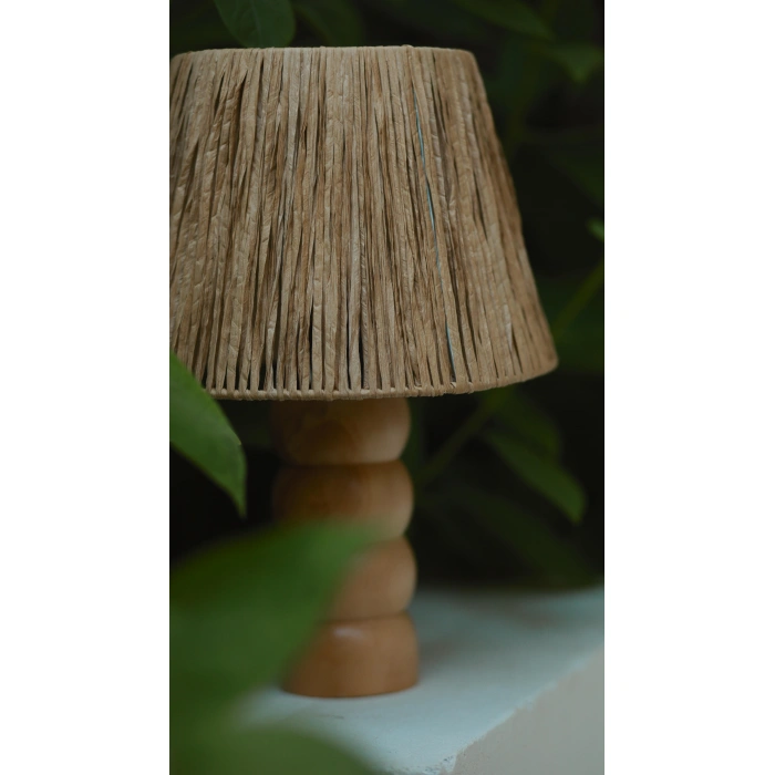 Kağıt Rafya Abajur - El Yapımı Doğal Ahşap Ayaklı Bohem Kağıt Rafya Abajur (Kablolu)
