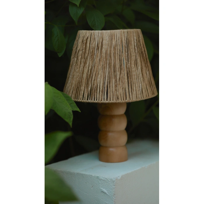 Kağıt Rafya Abajur - El Yapımı Doğal Ahşap Ayaklı Bohem Kağıt Rafya Abajur (Kablolu)