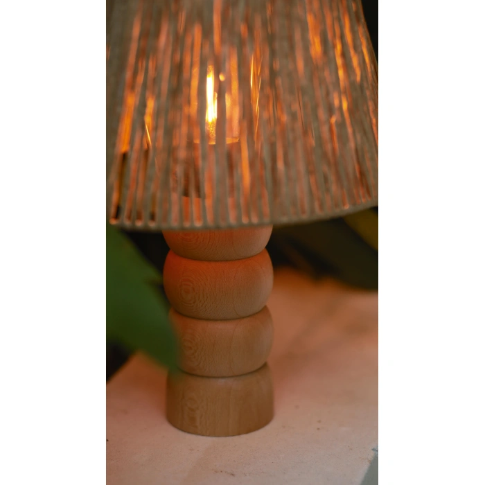 Kağıt Rafya Abajur - El Yapımı Doğal Ahşap Ayaklı Bohem Kağıt Rafya Abajur (Kablolu)