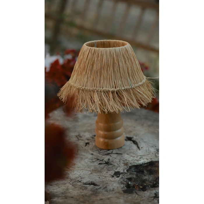 Saçaklı Doğal Rafya Abajur - El Yapımı Doğal Ahşap Ayaklı Bohem Doğal Rafya Abajur (Kablolu)