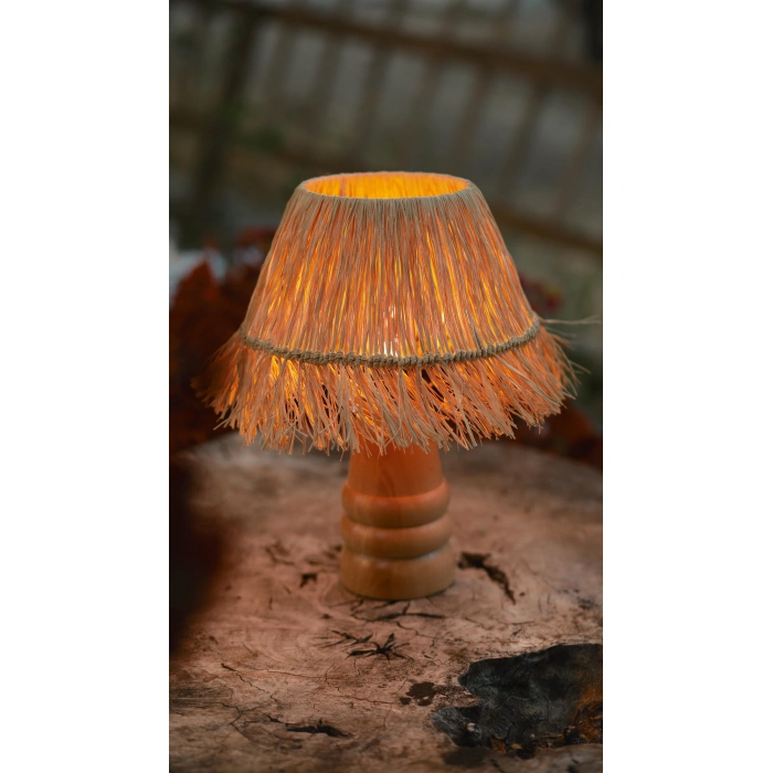 Saçaklı Doğal Rafya Abajur - El Yapımı Doğal Ahşap Ayaklı Bohem Doğal Rafya Abajur (Kablolu)