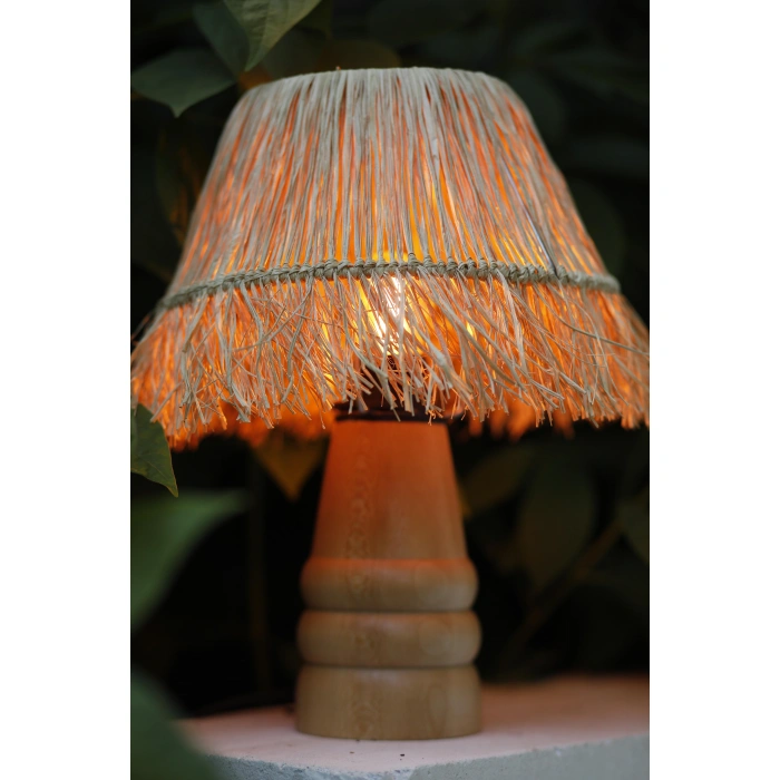 Saçaklı Doğal Rafya Abajur - El Yapımı Doğal Ahşap Ayaklı Bohem Doğal Rafya Abajur (Kablolu)