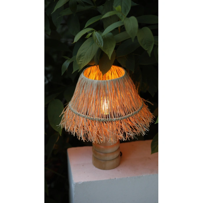 Saçaklı Doğal Rafya Abajur - El Yapımı Doğal Ahşap Ayaklı Bohem Doğal Rafya Abajur (Kablolu)