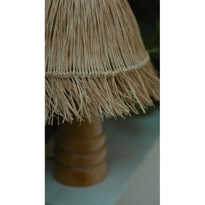 Saçaklı Doğal Rafya Abajur - El Yapımı Doğal Ahşap Ayaklı Bohem Doğal Rafya Abajur (Kablolu)