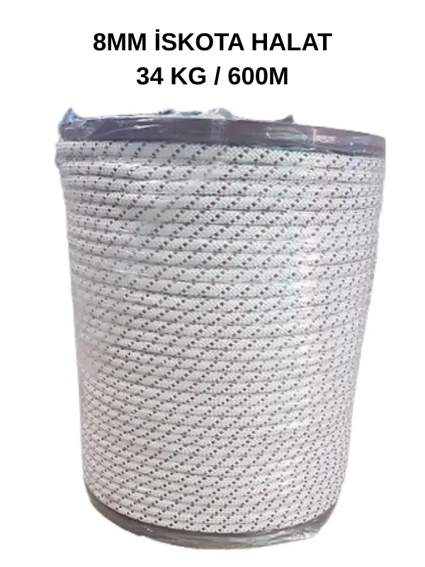 İskota Halatı 8mm Sentetik – Yüksek Mukavemetli, Hafif ve Dayanıklı – 600 Metre Makara (34 Kg)
