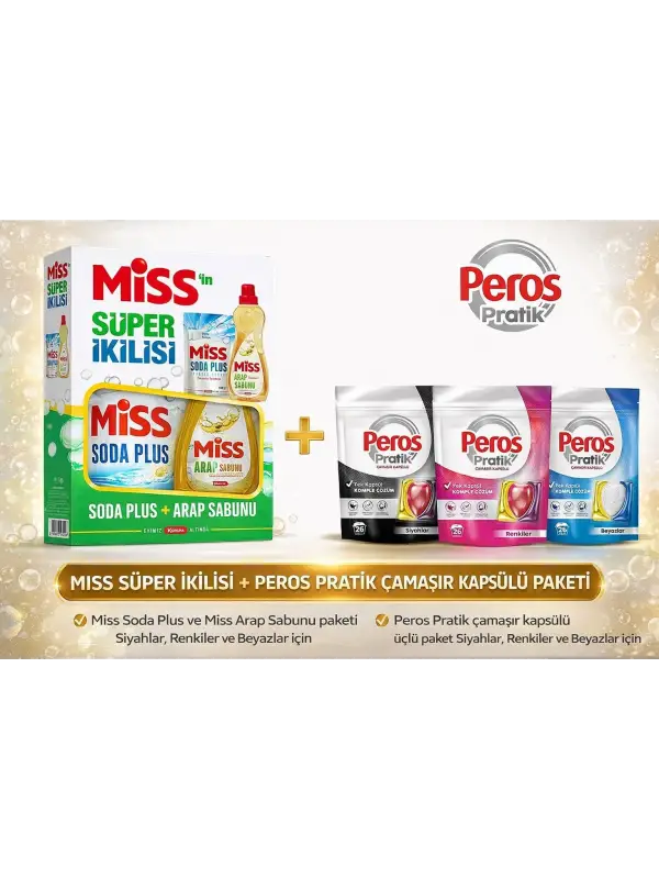 Soda Plus + Arap Sabunu & Peros Pratik 26’lı Çamaşır Kapsülü Temizlik Seti Siyahlar Renkliler Beyazlar
