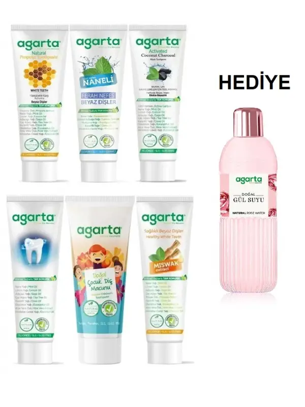 Agarta 6lı Aile Paketi Diş Macunu Seti + Doğal Gül Suyu Hediye (Aktif Karbon, Misvak, Naneli, Çocuk)