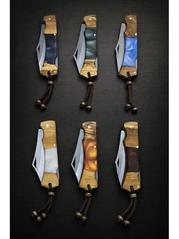El Yapımı Handmade Kılıflı  Ahşap Epoksi Saplı Katlanır Çakı Kamp Outdoor Avcı Çakısı