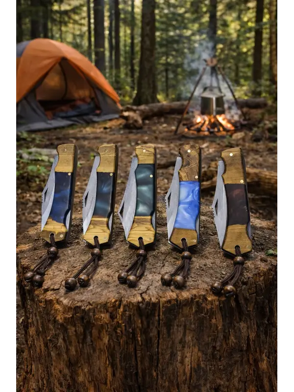 El Yapımı Handmade Kılıflı  Ahşap Epoksi Saplı Katlanır Çakı Kamp Outdoor Avcı Çakısı