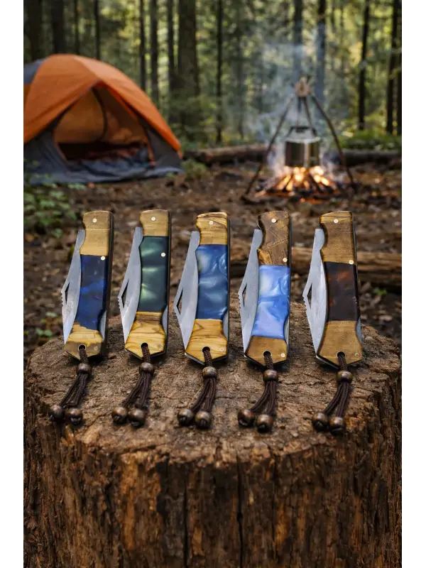 El Yapımı Handmade Kılıflı  Ahşap Epoksi Saplı Katlanır Çakı Kamp Outdoor Avcı Çakısı