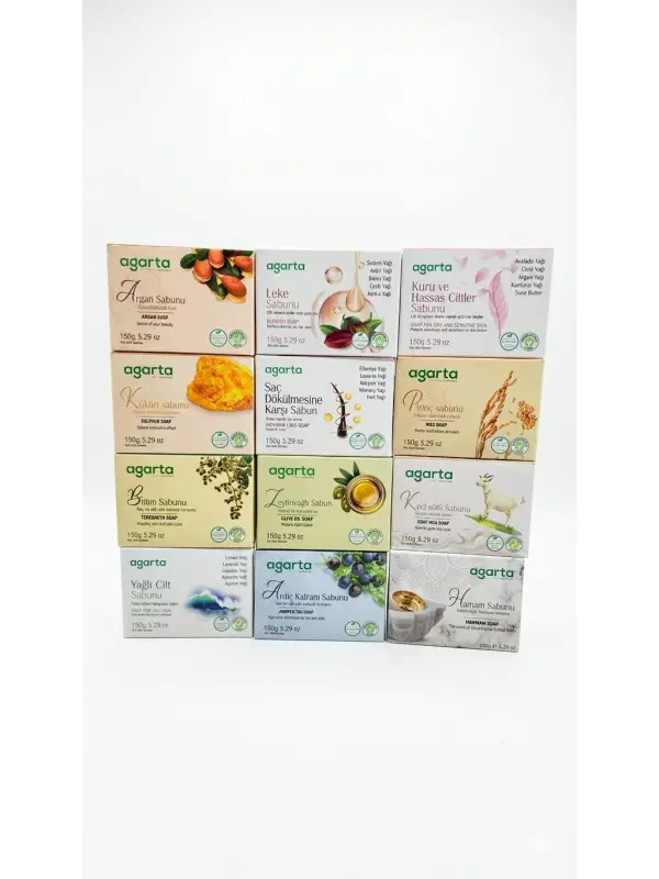 Agarta 12’li Doğal Sabun Seti 150 gr x 12 Çeşit – Argan, Keçi Sütü, Zeytinyağı, Bıttım, Kükürt, Saç Dökülmesi, Pirinç, Leke, Yağlı & Hassas Cilt Sabunları