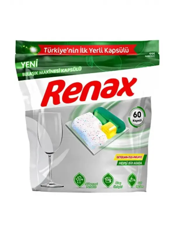 Renax Avantajlı 3’lü Set Bulaşık Makinesi Kapsülü 60’lı + Tuz 1,5 Kg + Parlatıcı 400 ml