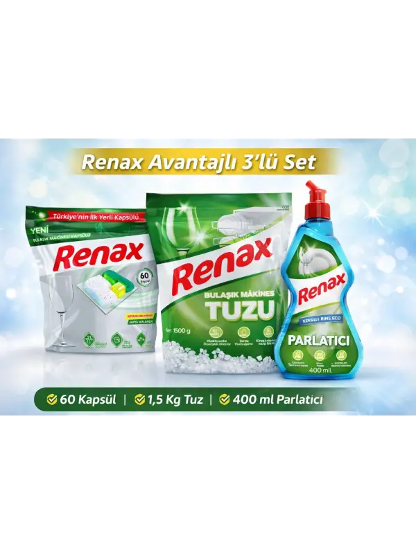 Renax Avantajlı 3’lü Set Bulaşık Makinesi Kapsülü 60’lı + Tuz 1,5 Kg + Parlatıcı 400 ml