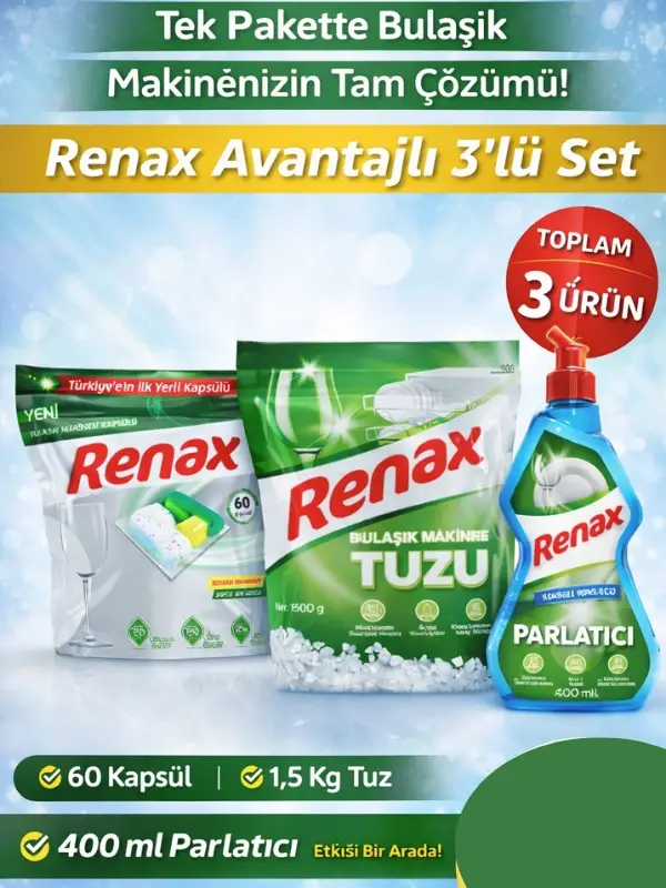 Renax Avantajlı 3’lü Set Bulaşık Makinesi Kapsülü 60’lı + Tuz 1,5 Kg + Parlatıcı 400 ml