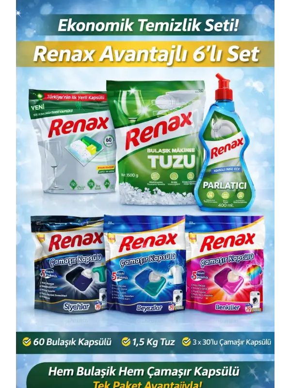 Renax Ekonomik Temizlik Paketi 6’lı Set Bulaşık Tablet + Çamaşır Kapsülü + Tuz + Parlatıcı