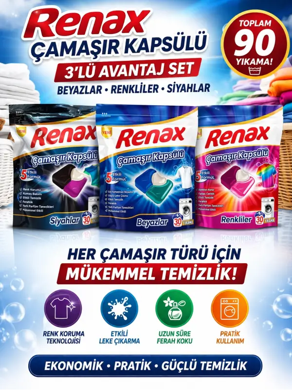 Renax Çamaşır Kapsülü 3’lü Set 30 Yıkama Beyazlar + Renkliler + Siyahlar Toplam 90 Yıkama