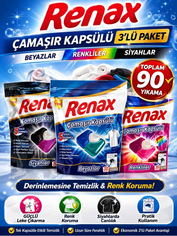 Renax Çamaşır Kapsülü 3’lü Set 30 Yıkama Beyazlar + Renkliler + Siyahlar Toplam 90 Yıkama