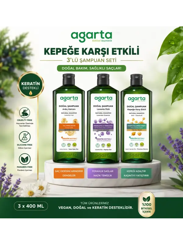 Agarta Kepeğe Karşı Şampuan Seti 3’lü 400 ml Ardıç Katranı Vegan Doğal
