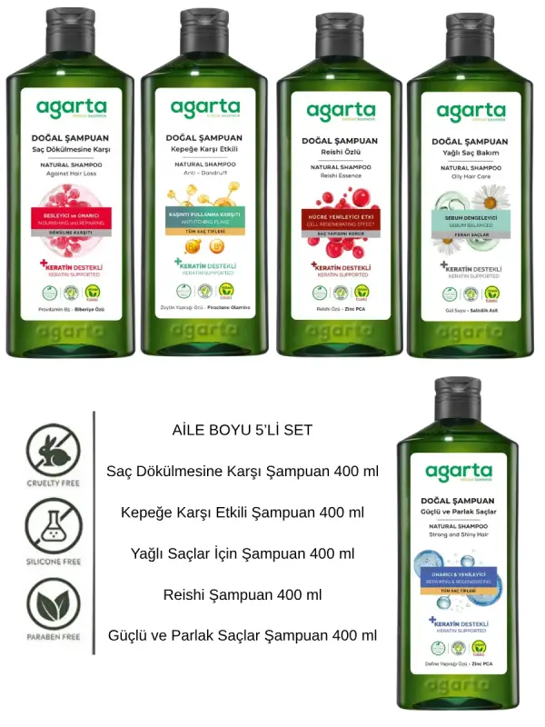 Agarta Aile Boyu Şampuan Seti 5’li 400 ml Keratin Vegan Doğal