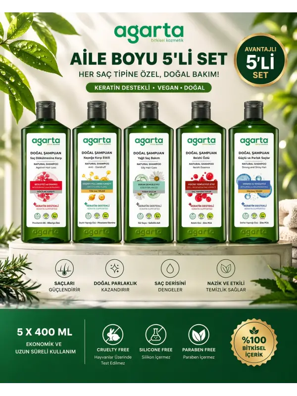 Agarta Aile Boyu Şampuan Seti 5’li 400 ml Keratin Vegan Doğal