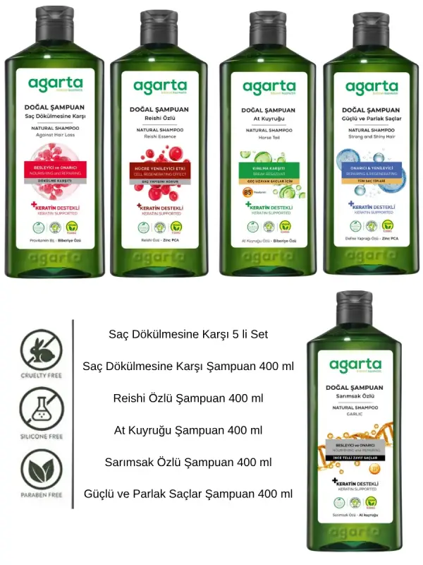 Agarta Saç Dökülmesine Karşı 5’li Şampuan Seti 400 ml Keratin Vegan Bitkisel
