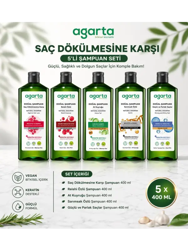 Agarta Saç Dökülmesine Karşı 5’li Şampuan Seti 400 ml Keratin Vegan Bitkisel