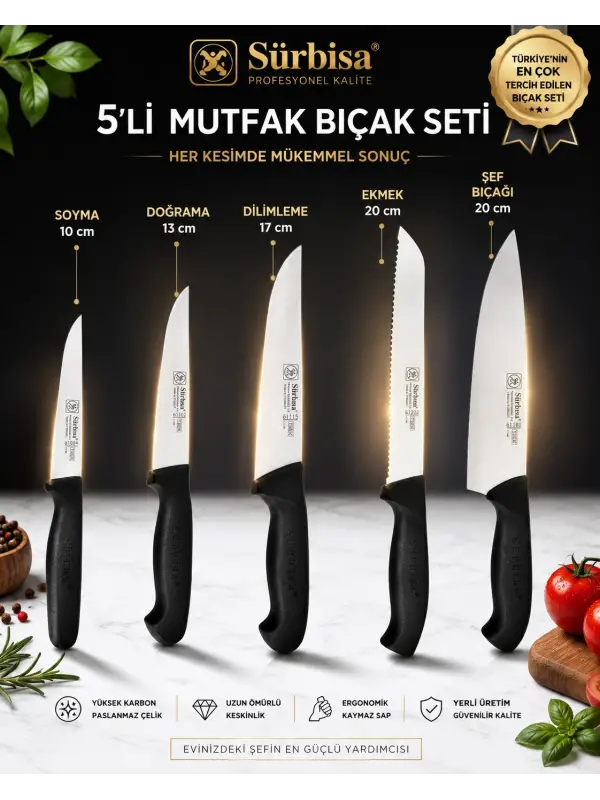 Sürbisa 5 Parça Günlük Profesyonel Mutfak Bıçak Seti – Şef, Ekmek, Dilimleme, Doğrama, Soyma