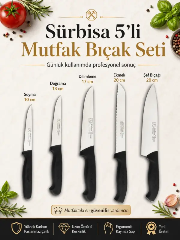 Sürbisa 5 Parça Günlük Profesyonel Mutfak Bıçak Seti – Şef, Ekmek, Dilimleme, Doğrama, Soyma