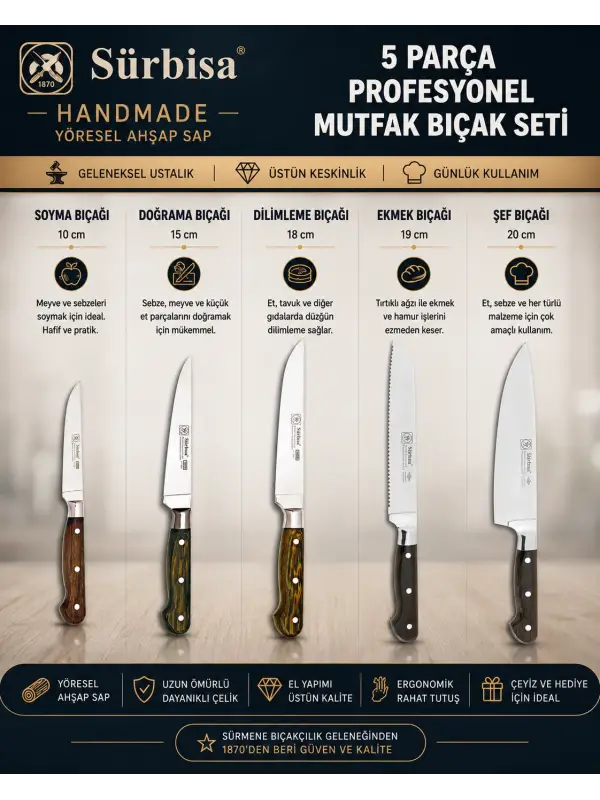 Sürbisa Handmade Yöresel Ahşap Sap Günlük Mutfak Bıçak Seti 5 Parça | Soyma, Doğrama, Dilimleme, Ekmek ve Şef Bıçağı