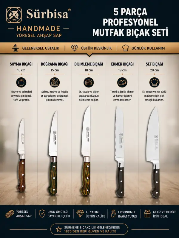 Sürbisa Handmade Yöresel Ahşap Sap Günlük Mutfak Bıçak Seti 5 Parça | Soyma, Doğrama, Dilimleme, Ekmek ve Şef Bıçağı