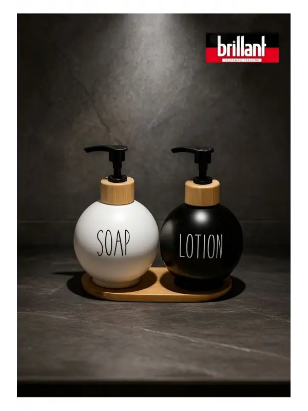 Lüks Tasarım Bambu Standlı 2li Banyo Sabunluk Seti - Siyah & Beyaz