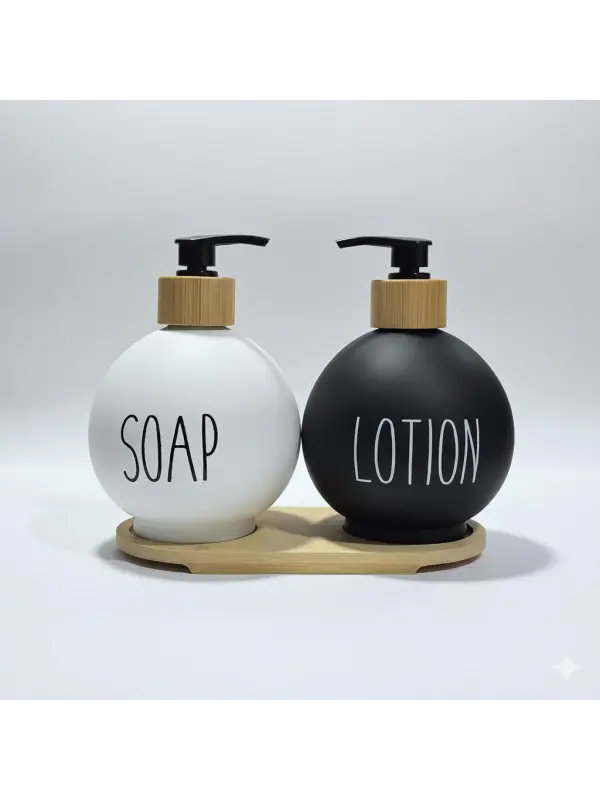 Lüks Tasarım Bambu Standlı 2li Banyo Sabunluk Seti - Siyah & Beyaz
