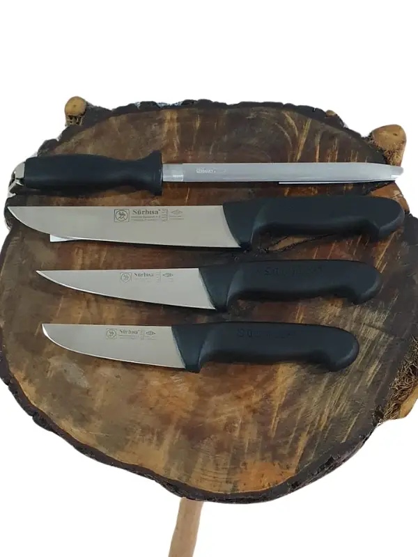 Handmade Sürmene Kasap Kurban Serisi Bıçak Seti Et Sebze Yüzme Sıyırma 3lü + Solingen 8 Bileyici