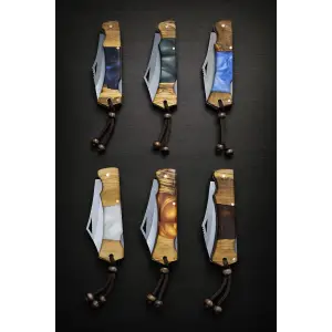 El Yapımı Handmade Kılıflı  Ahşap Epoksi Saplı Katlanır Çakı Kamp Outdoor Avcı Çakısı