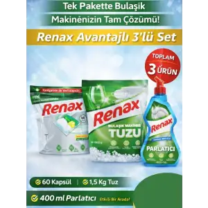 Renax Avantajlı 3’lü Set Bulaşık Makinesi Kapsülü 60’lı + Tuz 1,5 Kg + Parlatıcı 400 ml