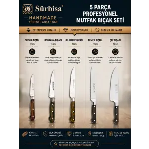 Sürbisa Handmade Yöresel Ahşap Sap Günlük Mutfak Bıçak Seti 5 Parça | Soyma, Doğrama, Dilimleme, Ekmek ve Şef Bıçağı