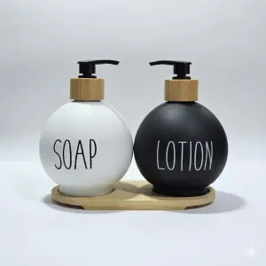 Lüks Tasarım Bambu Standlı 2li Banyo Sabunluk Seti - Siyah & Beyaz