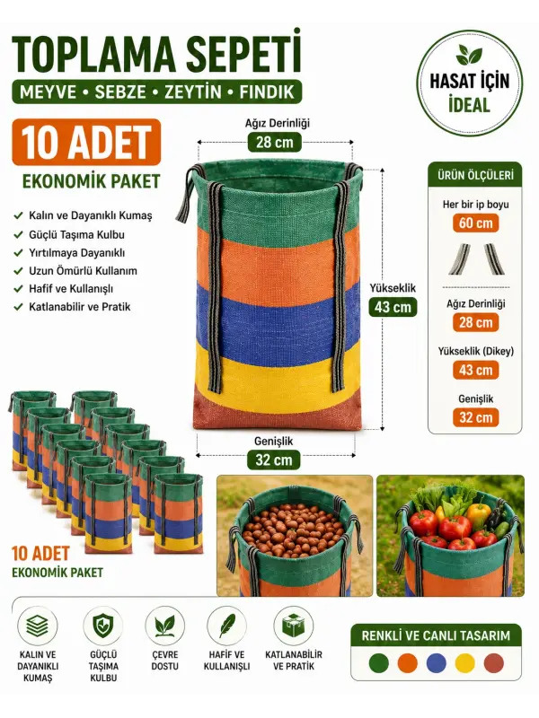 10 Adet Kalın Plastik Toplama Sepeti Meyve Sebze Zeytin Fındık Hasat Sepeti Renkli