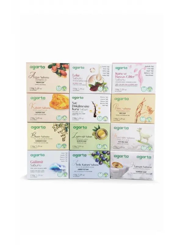 Agarta 12’li Doğal Sabun Seti 150 gr x 12 Çeşit – Argan, Keçi Sütü, Zeytinyağı, Bıttım