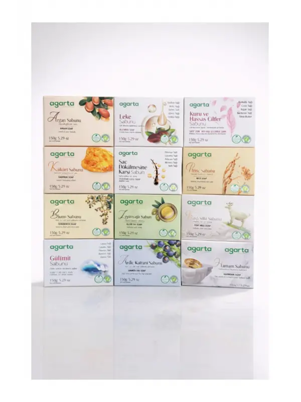 Agarta 12’li Doğal Sabun Seti 150 gr x 12 Çeşit – Argan, Keçi Sütü, Zeytinyağı, Bıttım
