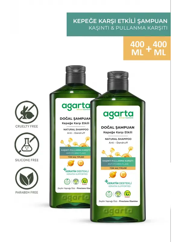 Agarta 2 Adet Doğal Kepeğe Karşı Etkili Şampuan 400 ml (VEGAN,TUZSUZ)