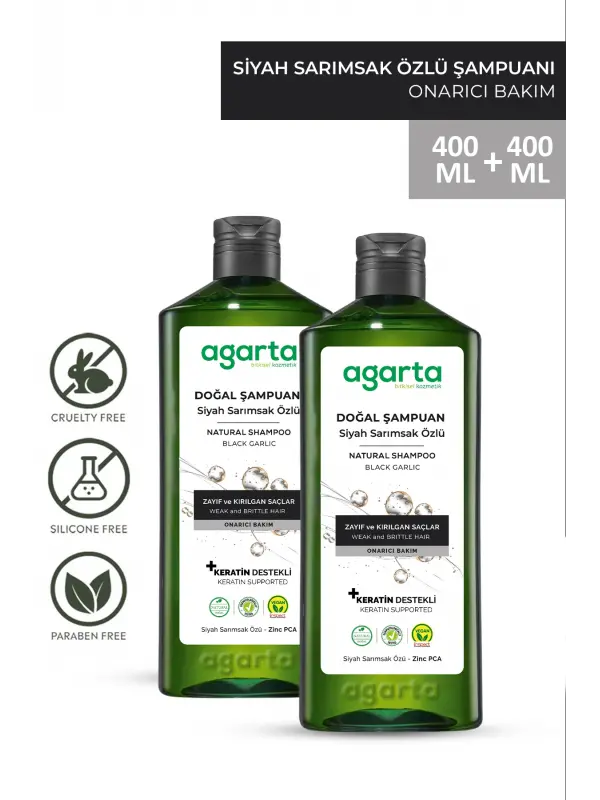 Agarta 2 Adet Doğal Saç Dökülmesine Karşı Siyah Sarımsaklı Tuzsuz Şampuan 400 ml