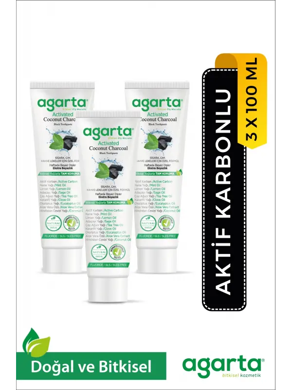 Agarta 3 Adet Doğal Florürsüz Hindistan Cevizi Özlü Aktif Karbonlu Diş Macunu 100 ml
