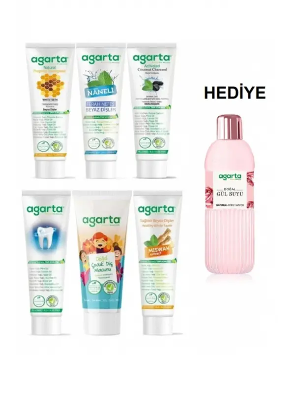 Agarta 6lı Aile Paketi Diş Macunu Seti + Doğal Gül Suyu Hediye (Aktif Karbon, Misvak,