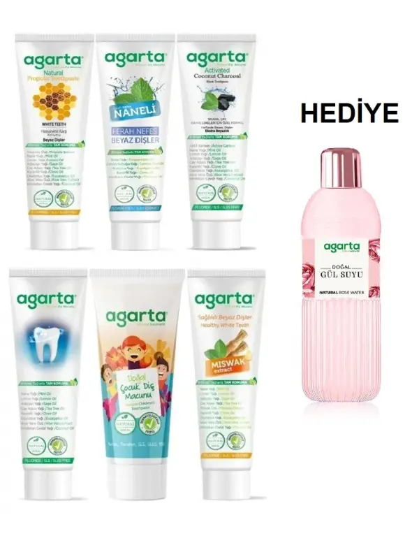Agarta Agarta 6lı Aile Paketi Diş Macunu Seti + Doğal Gül Suyu Hediye (Aktif Karbon,